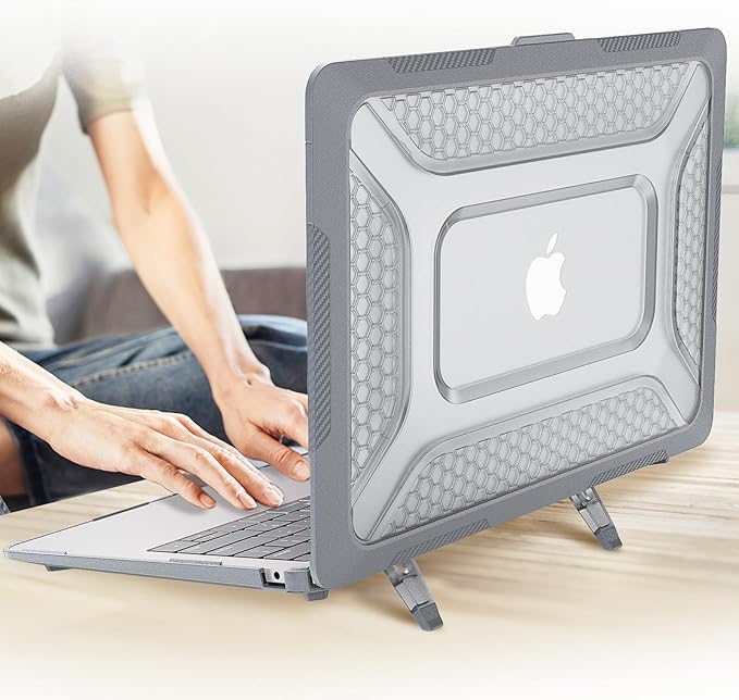 KEROM Heavy Duty Case for MacBook Pro 14 inch 2025-2021 M5 M4 M3 M2 M1 Chip A3434 A3112 A3185 A3401 A2918 A2992 A2779 A2442, Rugged TPU Bumper Hard Shell with Foldable Kickstand & Keyboard Cover, Grey