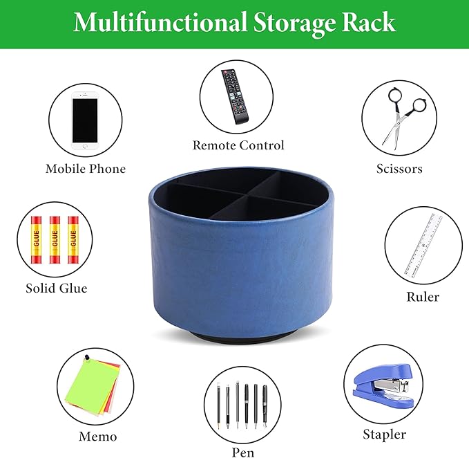 Hennaja Round Leather Art Supply Organizer,Remote Control Holder,360 Degree Spinning,Multi-Functional Pencil Holder,4 Compartments Desktop Stationary Organizer(1-Oil Blue2)