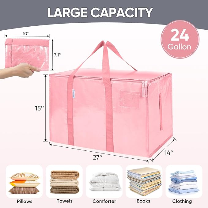 TICONN 4 Pack Extra Large Moving Bags with Zippers & Carrying Handles, Heavy-Duty Storage Tote Moving Boxes for Space Saving (4 Pack, Coral)