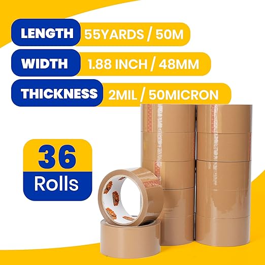 TAPEBEAR Brown Packing Tape 36Rolls, Heavy Duty Packaging Tape Refills 1.88 Inch x 55 Yard Moving Tape for Boxes, Secure Sticky Seal Brown Tape for Shipping, Mailing & Storage, Total 1980Yards