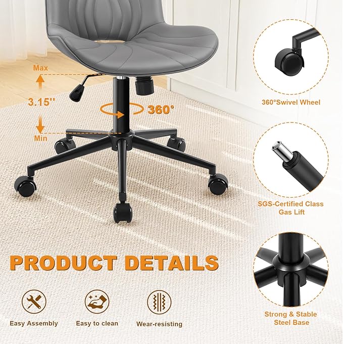 Office Chair, Armless Desk Chair with Wheels, Ergonomic Comfy Home Office Computer Task Chairs, Faux Leather Padded Cute Vanity Chair, Adjustable Height Swivel Chair with Back,Gray