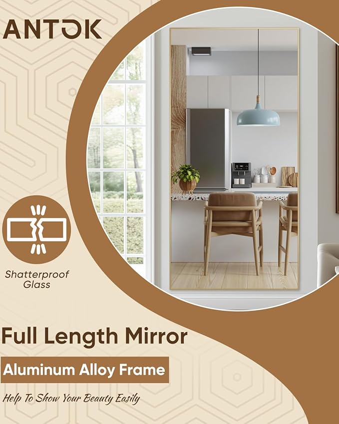 Antok Full Length Mirror, 76"x34" Floor Mirror, Floor Standing Freestanding Full Body Mirror with Stand for Bedroom, Hanging Mounted for Living Room Cloakroom, Gold