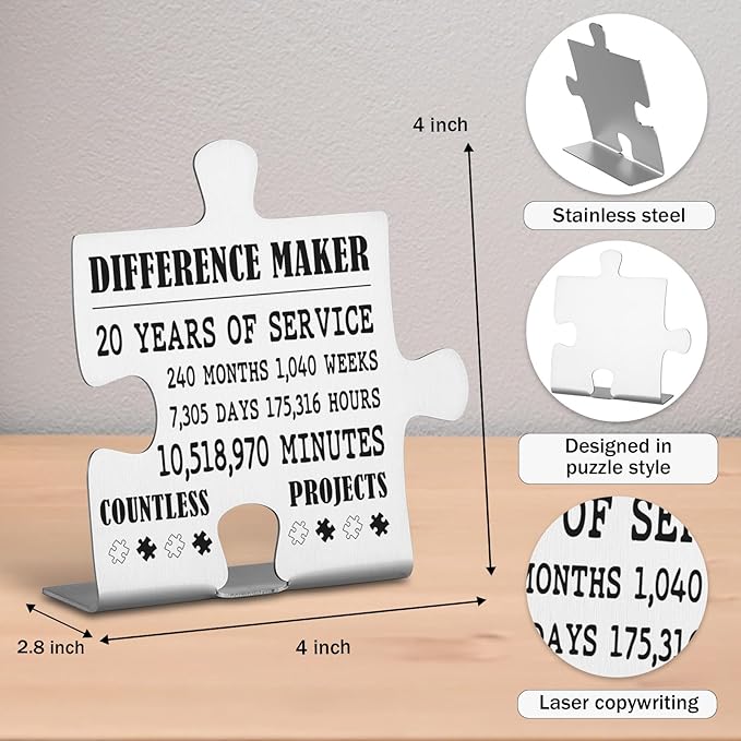 Thank You Appreciation 20 Year Work Anniversary Plaque Gifts, 20th Work Anniversary Decor Gifts for Women, Men, Employee, Coworkers, Happy 20th Work Anniversary Decorative Signs Plaques WDD13