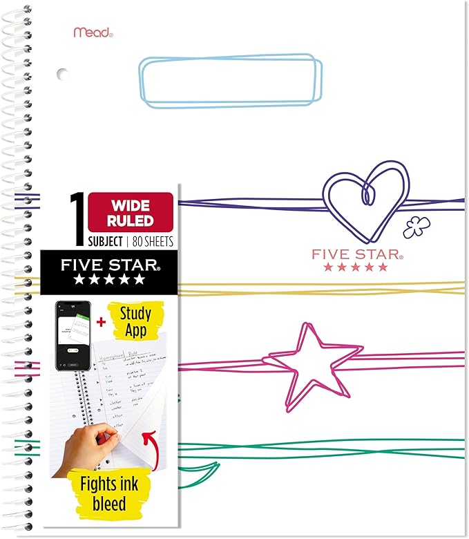 Five Star Spiral Notebook + Study App, 1 Subject, Wide Ruled, 8" x 10-1/2", 80 Sheets, Fights Ink Bleed, Water Resistant Cover, Pastel Doodles (930212F-ECM)