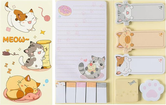 Xqumoi Cute Cartoon Cat Sticky Notes Set, 550 Sheets, Lovely Cat and Paw Shaped Self-Stick Notes Pads Kitty Animal Divider Tabs Bundle Writing Memo Pads Back to School Office Supplies Small Gift