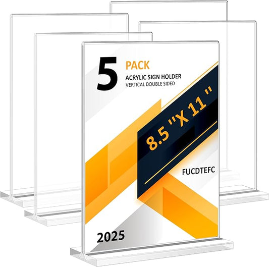 8.5x11 Acrylic Sign Holder 5 Pack, Vertical Double-Sided Display Standing, Clear Plastic Sign Holder Paper Flyer Menu Brochure Holders 8.5x11 inches for Restaurants, Office, Store