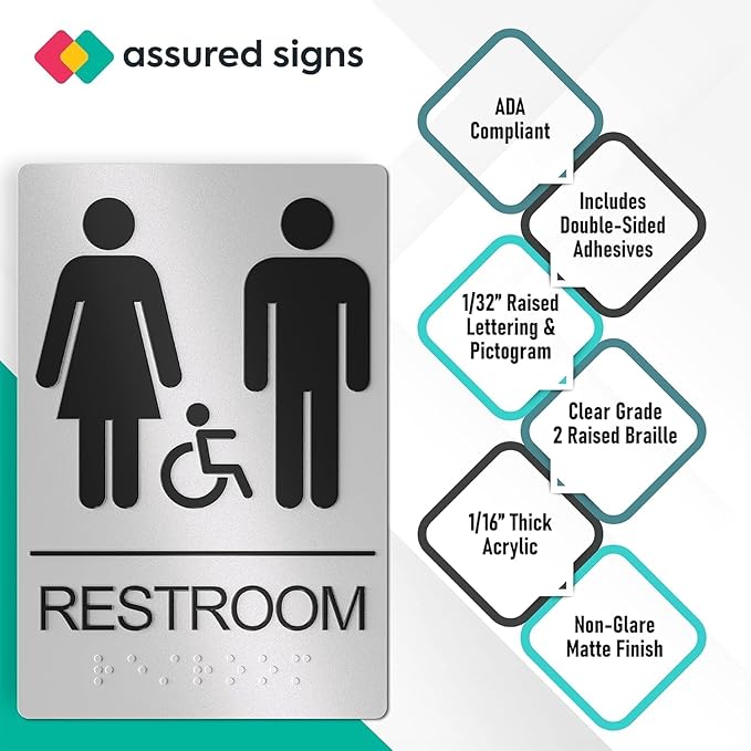 Unisex Bathroom Signs, Restroom Sign For Business - For Men and Women - 2 Pack - 9" by 6" - ADA Compliant with Braille - Strong Double-Sided Adhesives Included - Apply to Office, Home, Public Door/Wall