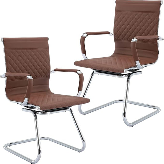 Modern Office Chairs Set of 2, Brown Faux Leather, Ergonomic, Adjustable Height, Conference Room, Reception Area