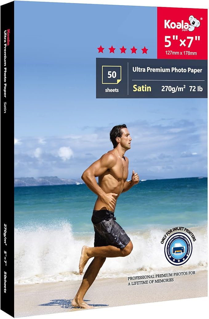 Koala Ultra Premium Photo Paper 5x7 In Satin Photo Printer Paper for Inkjet Printer Water-Resistant Semi Gloss 50 Sheets 72lb
