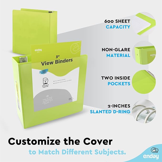 3 Slant D-Ring Binder 3 Inch Green, 3 in Clear View Cover with 2 Inside Pockets Binder, Heavy Duty Colored School Supplies Binders,Also Available in Red, Grey, Purple, Blue, Pink (24 PC) – by Enday