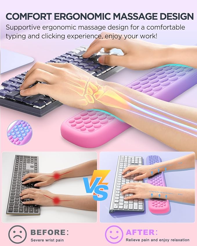 Lekvey Ergonomic Gaming Wrist Rest for Computer Keyboard & Mouse - Premium Silky Memory Foam Wrist Pad with Massage Points, Pain Relief & Comfort Wrist Support for Typing, PC, Game (Pink/Purple)