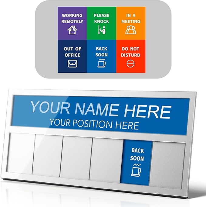 Name Plate for Desk& Office Door Sign, 6 Options Do Not Disturb, In A Meeting, Out of Office, Working Remotely, Please Knock, Stick or Stand with Desk Name Plate, Silver