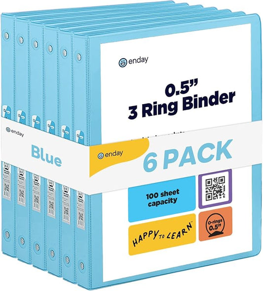 ½ Inch 3 Ring Binder Blue .5 Inch Round Ring Clear View Cover with 2 Inside Pockets Binders, Colored School Supplies Binders, Also Available in Pink, Red, Green, Purple, and Grey (6 PC) – by Enday