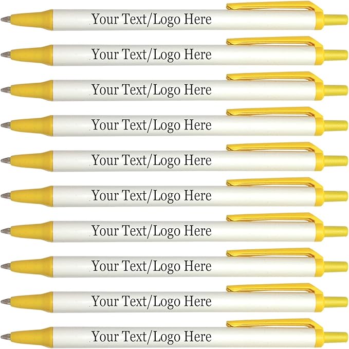 Personalized Click Stick Pens With your Custom Logo or Text-300 Pack Bulk-for Businesses, Parties, and Events, Custom Printed Retractable Slim Ballpoint Pens, Yellow, Black Ink