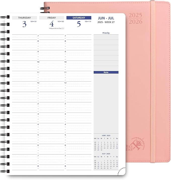 POPRUN 2025-2026 Academic Planner Spiral Bound, 8.5'' x 11.25'' Appointment Book (July 2025-June 2026) Quarter-Hourly Weekly Schedule, Leather Cover, Monthly Tabs, 2 Inner Pockets - Soft Pink