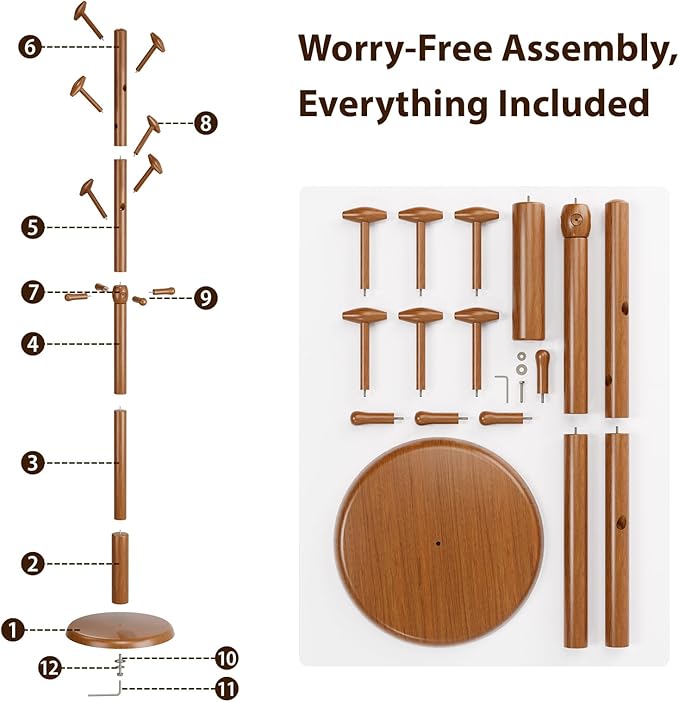 Solid Wood Coat Rack Freestanding Coat Tree with 10 Hooks for Bedroom, Livingroom, Entryway, Sturdy Coat Hanger Stand for Hats, Coats, Scarves, Handbags, Purses