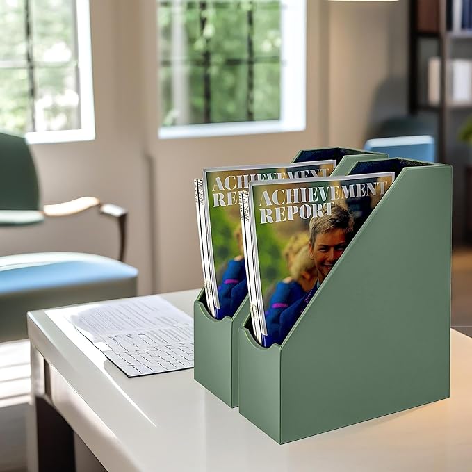 UnionBasic Magazine File Holder, Leatherette Desktop Document Organizer, Home Office Paper Holder File Storage Literature Sorter, Malachite Green