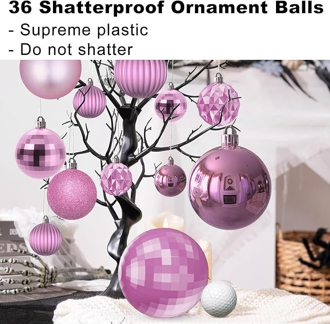Bubblegun Pink Christmas Ornaments - Christmas Tree Decorations Shatterproof Hanging Balls for Birthday Wedding Holiday Decor Set of 36pcs, Multi-Sizes(1.6",2.5",3.2")