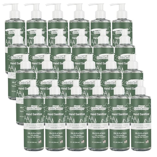 Happy Little Camper Hand Sanitizer with Lemon Zest Scent - Moisturizing Gel with Vitamin E & Antimicrobial Formula- Contains 70% Ethyl Alcohol - Travel Size, Made in USA - 8 Fl Oz, 236ml - 24 Bottles