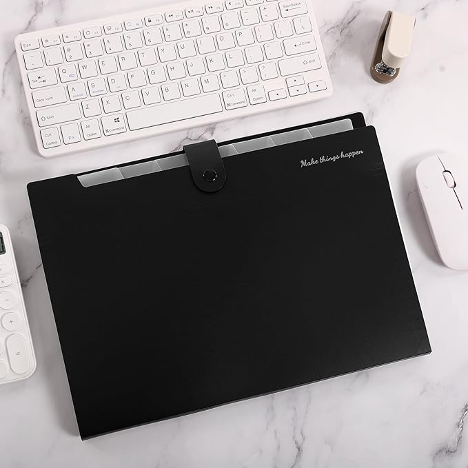 SKYDUE Expanding File Folders with Labels,8 Pockets Accordion File Organizer, Portable Document Paper Organizer, A4 Letter Size Filing Folder for Office, Pack of 4, Black