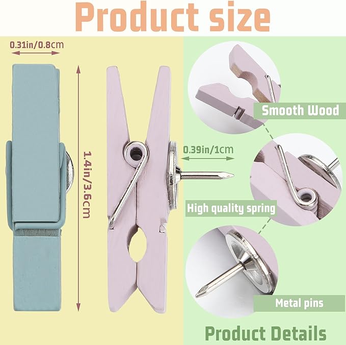 200 Pcs Push Pin with Wooden Clips Tacks Pastel Classroom Decor for Cork Board Bulletin Board Colorful Thumb Tacks Wooden Clips for Teachers School Office Home Supplies Accessories