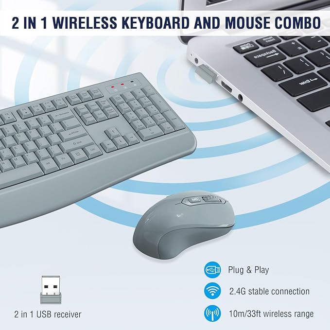 Wireless Keyboard and Mouse Combo, Full-Sized 2.4GHz Wireless Keyboard with Comfortable Palm Rest and Optical Mouse for Windows, Mac OS PC/Desktops/Computer/Laptops (Gray)
