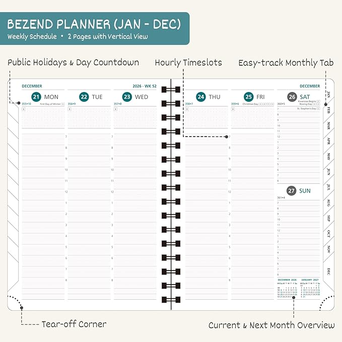 BEZEND 2026 Planner Weekly and Monthly (8.5" x 11" Spiral) Daily Calendar with Half-Hourly Timeslots & Tab (Jan-Dec) Note & Expenses, Pen Holder, Inner Pocket, Vegan Leather Softcover - Cornflower