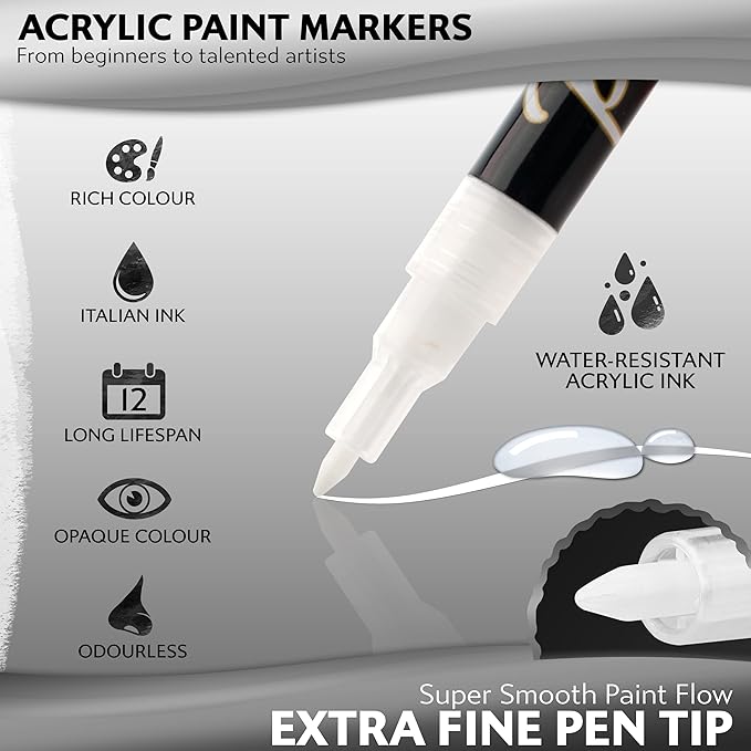 Stylo 8 Count Acrylic Metallic Pens - White Paint Pens - Fine Tip Permanent Acrylic Metallic Paint Markers for Rock Painting, Glass, Wood, Ideal for Arts and Crafts (Pack of 8, White)