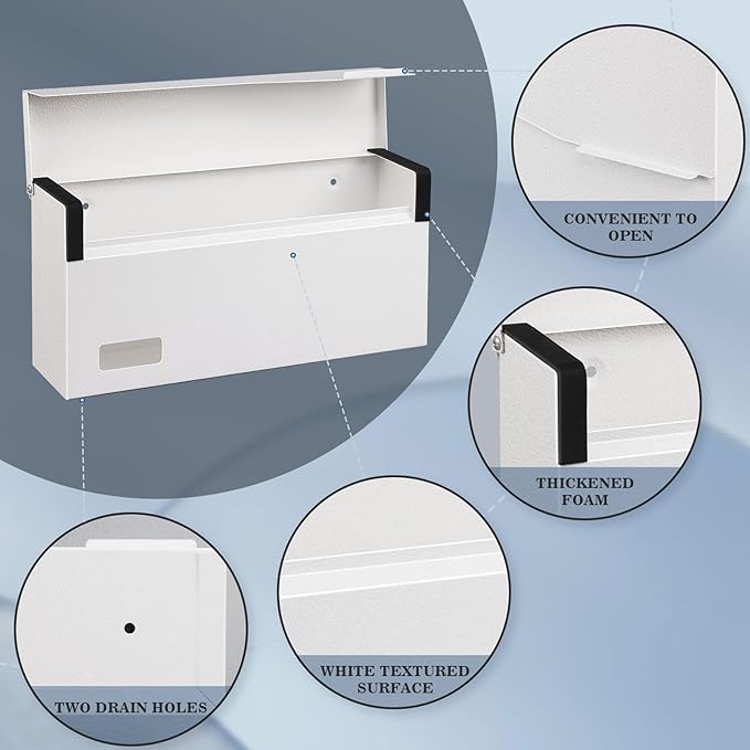 xydled Mailbox Wall Mount Door Mailboxes for Outside, Large Steel Hanging Metal Mailbox, Modern Post Box Package Parcel Drop Box for House Home, Textured White, 14.56''x7.1''x4''