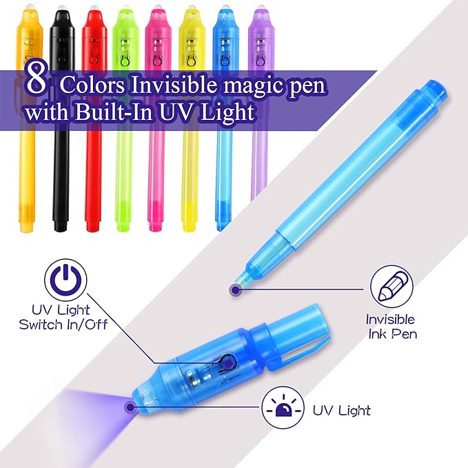8Pcs Invisible Ink Pen Set with UV Light, Mini Notepads & Favor Bags, Magic Pen Disappearing Ink, Spy Pens for Kids, Fun Party Favors for Kids 8-12, Detective & Escape Room Themes