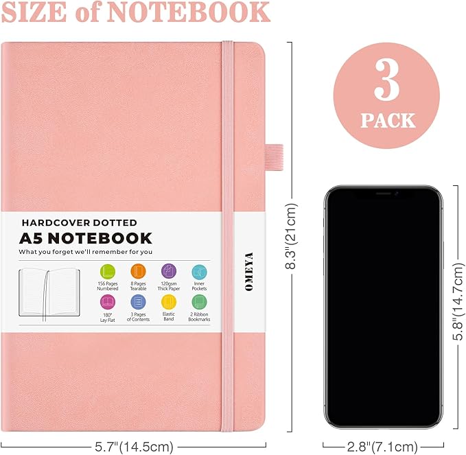 Dotted Journal Notebook 3 Pack, A5 Hardcover Notebook with 120gsm Thick Dotted Paper, Leather Journals for Women, Men, Dot Grid Notebook Journal for Writing, Notebooks for Work, School, 5.75" × 8.38"