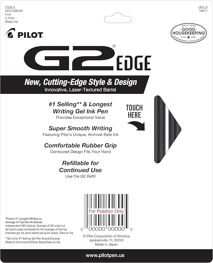 Pilot, G2 Edge Premium Gel Roller Pens, Fine Point 0.7 mm, Black, Pack of 8