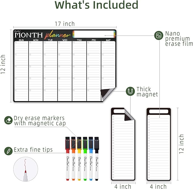 Magnetic Dry Erase Monthly Calendar - 17"x12" Monthly Calendar for Fridge - 4"x12" List Board 2 Pcs - 6 Extra Fine Point Markers Included - Shipped Flat