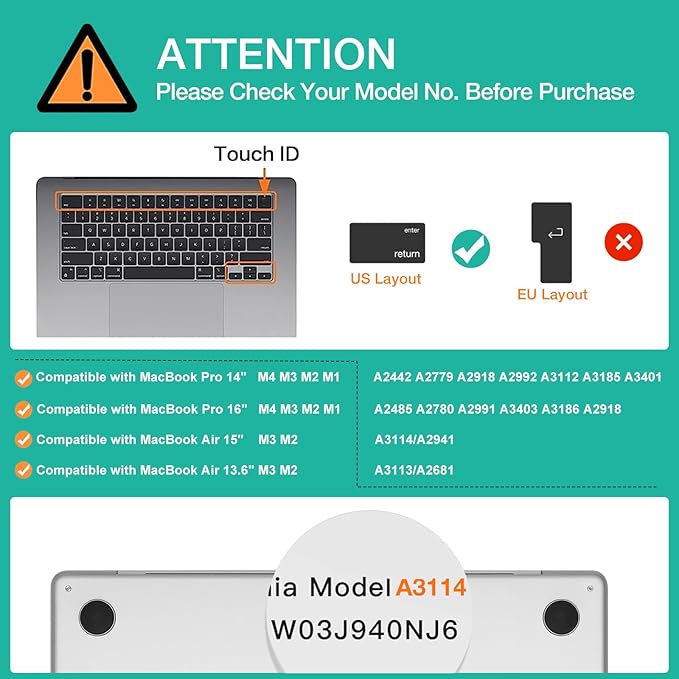 MOSISO Keyboard Cover Skin Compatible with MacBook Air 15 inch M3 A3114 M2 A2941/Air 13.6 A3113 A2681/Pro 14/16 M4 M3 M2 M1, Rock Gray