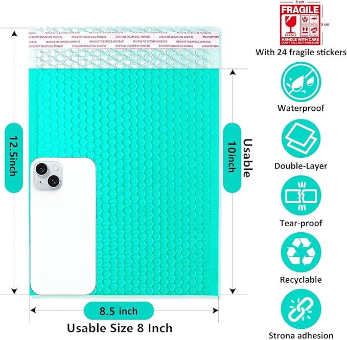 Bubble Mailers 8x12'' 100 Pack and 24PCS Fragile Stickers Teal Thick Waterproof Padded Poly Envelopes Bubble Wrap Mailers Self Seal Shipping Bags for Mailing Small Business Homes Envelope Mailers #2