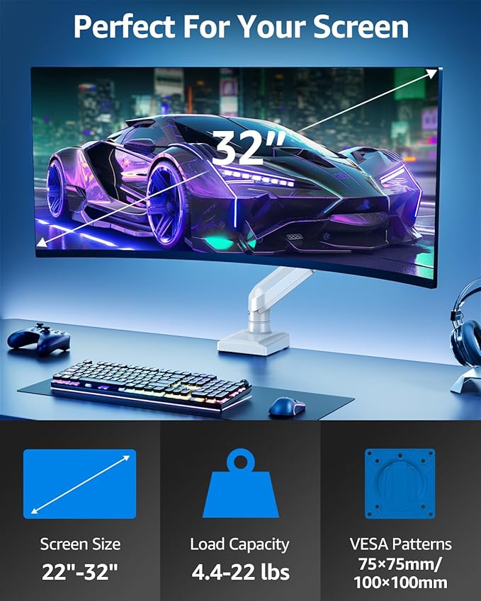 Single Monitor Mount for 32 27 24 22 inch Screen, Gas Spring Arm Holds 4.4-22 lbs, Monitor Desk Mount, Gaming & Home Office Use, VESA 75x75mm & 100x100mm, Freelift Pro White