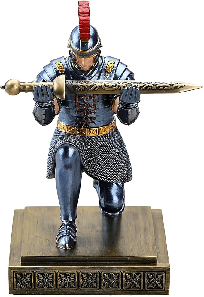 Roman Praetorian Warrior Knight Pen Holder Desk Ornament Resin Pencil Holder Desk Accessories and Organizer for Office with a Letter Opener (Blue)