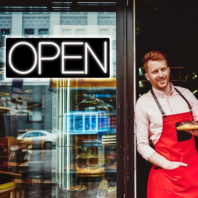 Open Signs for Business, LED Neon Open Sign 22 Inch 12V/2A Ultra Bright Lighted Open Sign Electric Light Up Open Sign for Business Storefront Window Glass Door Retail Shop Store Bar Salon Restaurant White