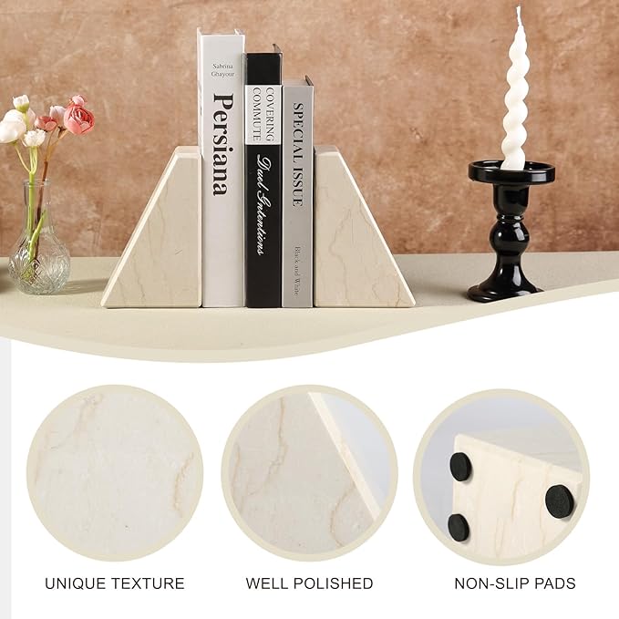 Koville Marble Bookends for Shelves, Large Bookends for Heavy Books, Non-Slip Heavy Duty Book Stopper for CD/Movies, Aesthetic Decorative Bookends for Shelves Table Home Decor(Beige)