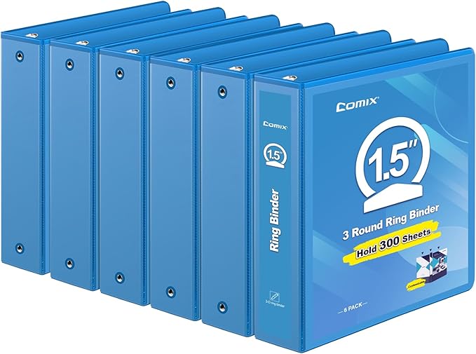 COMIX 3 Ring Binder 1.5 inch with Clear View Cover, 1.5" View Binder Holds 300 Sheets of US Letter Size Paper, 6 Pack (Light Blue)