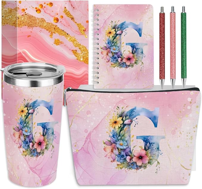 Personalized Gifts Monogrammed Birthday Gifts for Women, Her Employee Housewarming Christmas Initial 20 oz Tumbler, Makeup Bag Cup Ballpoint Pens Journal Notebook 6 Set, (Aesthetic Pink Flower G)