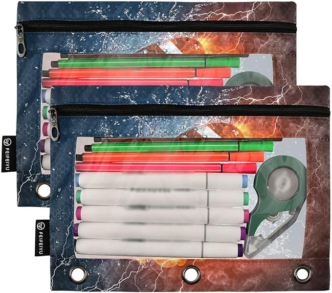 American Football Fire Water Pencil Pouch for 3 Ring Binder, 2 Pack Waterproof Pencil Bags Clear Window Pencil Case Zipper School Office Supplies