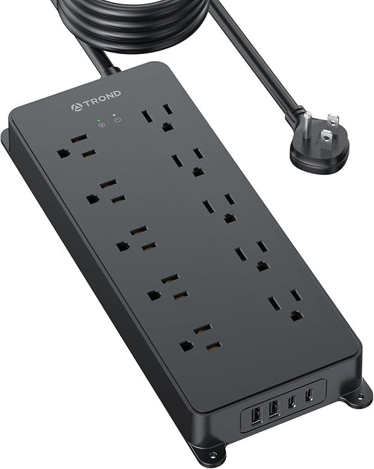 TROND Power Strip Surge Protector, Flat Plug 15ft Long Extension Cord, 10 Widely Spaced AC Outlets, 2 USB A & 2 USB C Ports, 4000J, ETL Listed, Wall Mountable, for Home Office Entertainment, Black