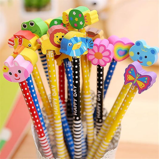 Yansanido Pack of 10 Colorful 7.28 Inch Length Random Cartoon Eraser Pencils, Cute Pencils for Office, School Supplies Students Children Gift (10)