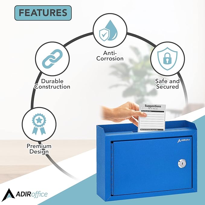 Adir Corp Suggestion Box with Slot and Lock - Drop Box with Lock, Cash Dropbox - 9.8x7.5x3.4 Inches Wall Mount Donation Box - Metal Deposit Box (Blue)