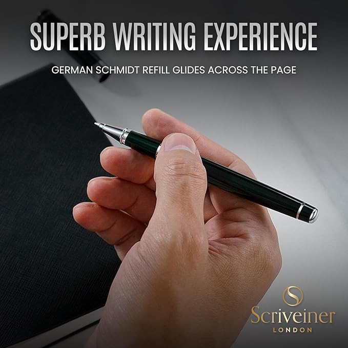 Scriveiner Black Green Rollerball Pen - Stunning Luxury Pen, Chrome Finish, Schmidt Ink Refill, Best Roller Ball Pen Gift Set for Men & Women, Professional, Executive Office