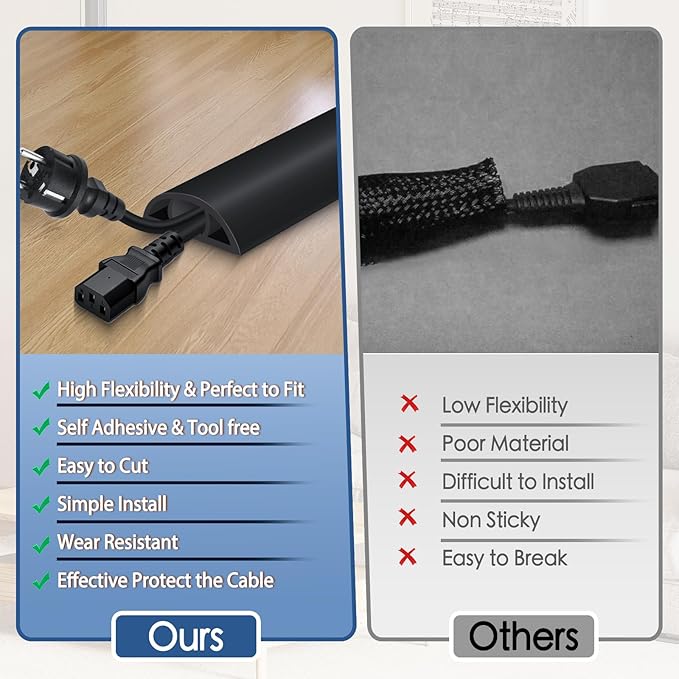 Floor Cord Cover for Wires on Floor Self Adhesive Cord Hider Floor Cable Management Wire Covers for Cords Protector Prevent Cable Trips Cord Cavity W 0.59" x H 0.31", Black, 20Ft