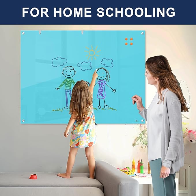 TSJ OFFICE Glass Dry-Erase Board - 48 x 36 Inches Wall Mounted Magnetic Whiteboard, Large Frameless Glass White Board for Office, Home & School, Blue