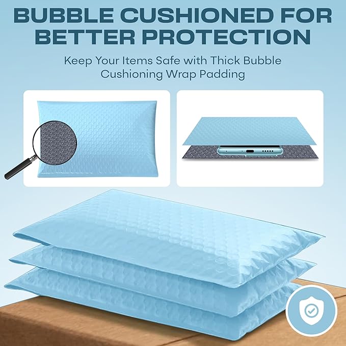 Light Blue 10.5x16 Inch Large Poly Bubble Mailers #5 | Padded Envelopes with Self Seal | Air Lined Cushioned Bubble Mailer | Usable Size 10.5x15 | 200 Pack Bulk | Lightweight shipping Bags