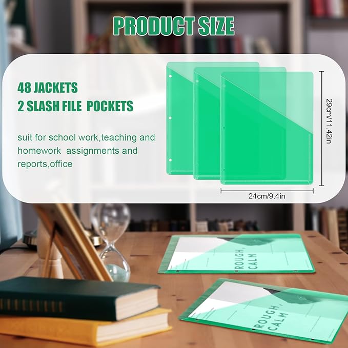 Seajan 48 Pcs Pocket Folders for 3 Ring Binder Clear Plastic Folders Sleeves with 2 Pockets 3 Hole Punch Binder Dividers Poly Slash File Jackets for Office School Document Organizer (Green)